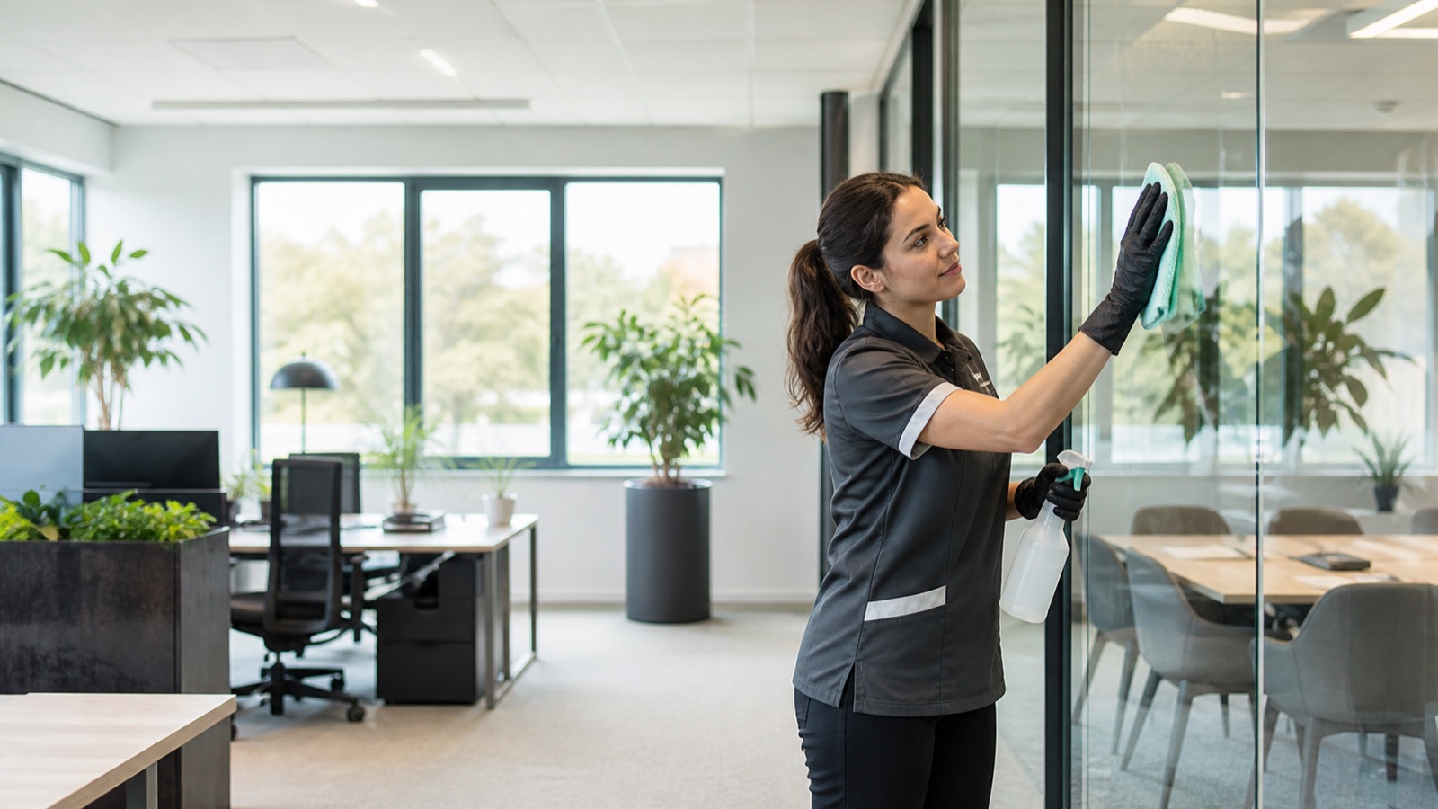 Professionele schoonmaakmedewerker reinigt een glazen wand in een modern kantoor